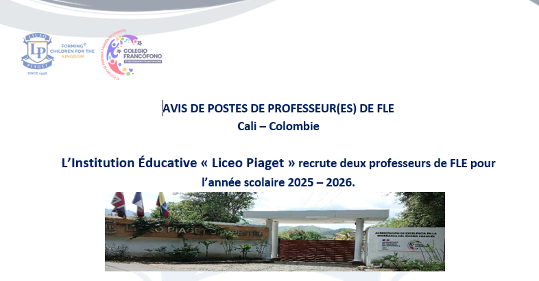 Offre de Poste de professeur de FLE qualifié - Liceo Piaget (Yumbo)