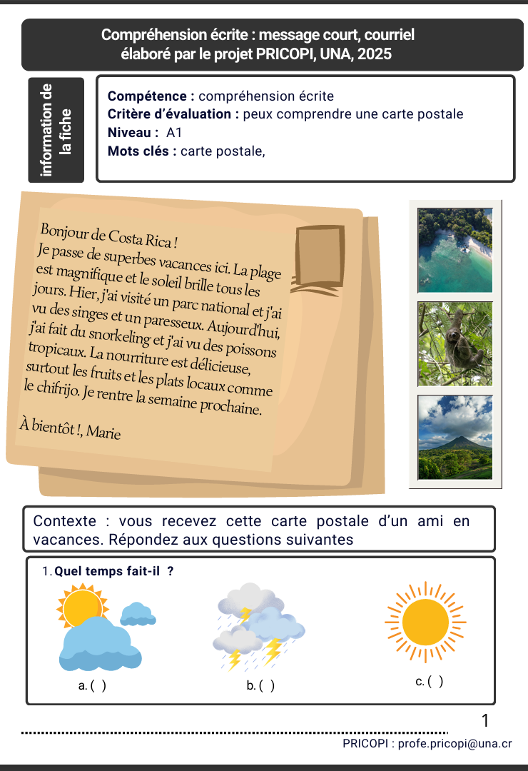 Compréhension écrite : message court, courriel élaboré par le projet PRICOPI, UNA, 2025