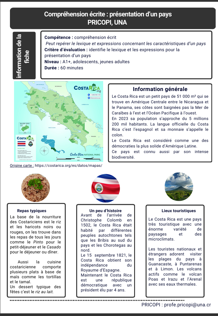 Compréhension écrite : présentation d’un pays PRICOPI, UNA